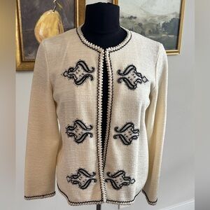 Vintage Leslie Fay Ivory Textured Blazer Jacket Embroidered Petite Medium